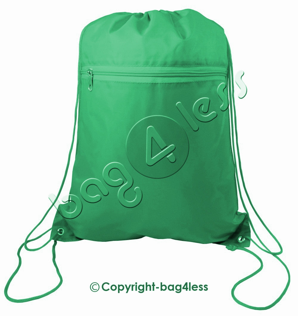 Promotional Wholesale Polyester Drawstring Bag Front Pocket Kelly Green